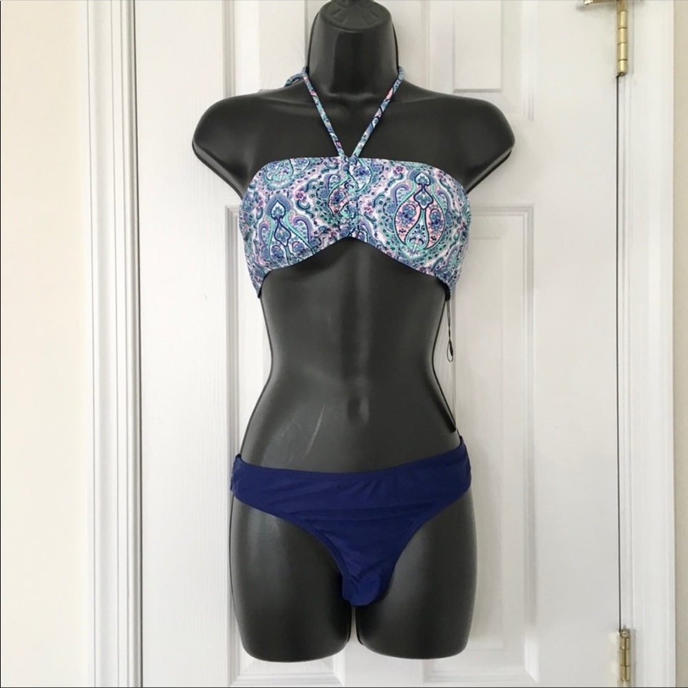 NEW Bandeau Blue Paisley Neck Tie Two Piece Bikini